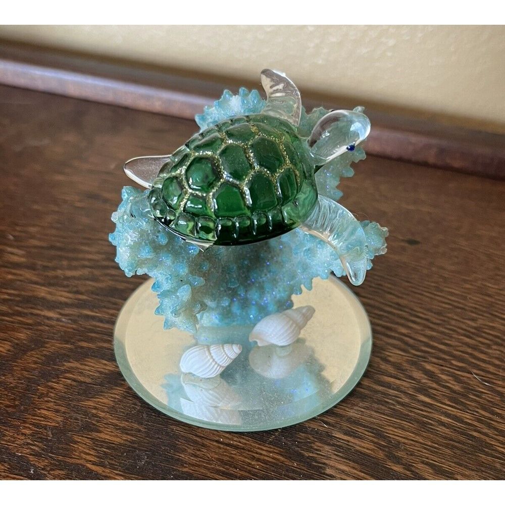 Miniature Glass Turtle & Coral Figurine Display Collectible‎